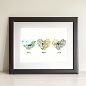 Drei Herz Map Kunstdruck. Nur drucken. OHNE Rahmen. Sie wählen 3 Städte weltweit und personalisierten Text. 3 Herz Map Print Valentinstag Geschenk