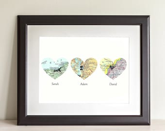 Three Heart Map Art Print. Print Only. NO Frame. You Select 3 Cities Worldwide And Personalized Text. 3 Heart Map Print Valentine's Day Gift