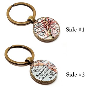 Double Sided Custom Vintage Map Keychain. You Pick Any One or Two Cities Worldwide Or Add a Personalized Quote, Names, Dates, Photos.