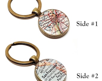 Double Sided Custom Vintage Map Keychain. You Pick Any One or Two Cities Worldwide Or Add a Personalized Quote, Names, Dates, Photos.