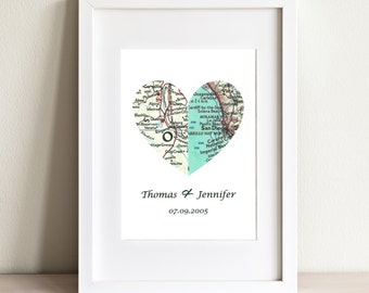 CUSTOM Half And Half Heart Map Art Print. Print Only. NO Frame. You Pick Two Cities And Personalized Text. Split Heart Print. Engagement