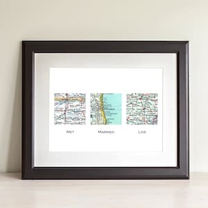 Impresión artística personalizada de mapa de tres cuadrados. Solo impresión, sin marco. Puedes elegir ubicaciones en todo el mundo y texto personalizado. Regalos de San Valentín para él.