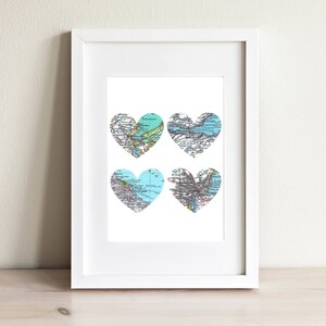 Vier Herz Map Kunstdruck. Nur drucken. OHNE Rahmen. Sie wählen Städte weltweit und personalisierten Text. 4 Herz Print Valentinstag Paare Geschenk