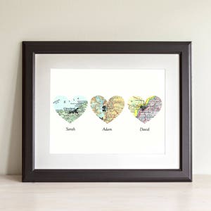 CUSTOM Three Heart Map Art Print. Print Only NO Frame. You Select Locations Worldwide And Personalized Text. Engagement Anniversary Gift