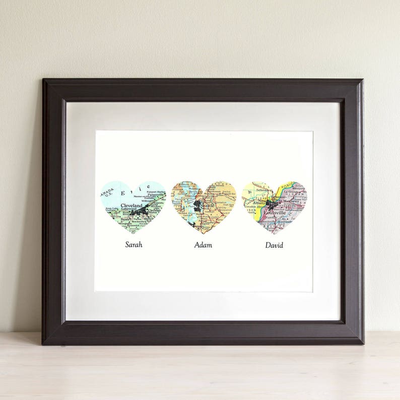 CUSTOM Three Heart Map Art Print. Print Only NO Frame. You Select Locations Worldwide And Personalized Text. Engagement Anniversary Gift 