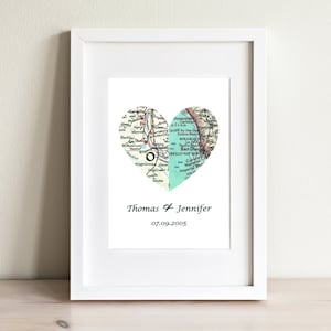 Impressão artística de dois corações com mapa. Somente impressão, sem moldura. Você seleciona duas cidades no mundo todo. Texto personalizado. Presente de aniversário de casamento e chá de panela.
