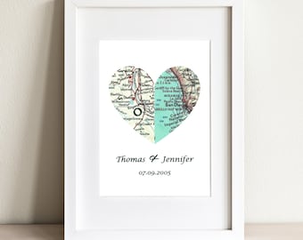Custom Heart Map Art Print: Personalized City to City Couple's Gift