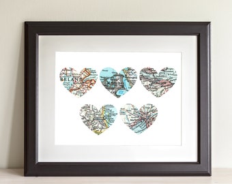 Five Map Heart Art Print. Print Only. NO Frame. You Select Locations Worldwide And Personalized Text. Home Decor. City Map Wall Art. 5 Maps