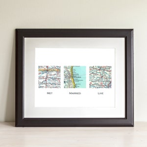 Impresión artística personalizada de mapa de tres cuadrados. Solo impresión. SIN marco. Ubicaciones seleccionadas en todo el mundo y texto personalizado. Regalos para parejas Aniversario