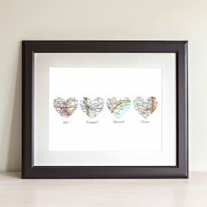 Vier Herz Map Kunstdruck. Nur drucken. OHNE Rahmen. Sie wählen Städte, Staaten oder Länder weltweit und personalisierten Text. Einweihungsparty Geschenke.