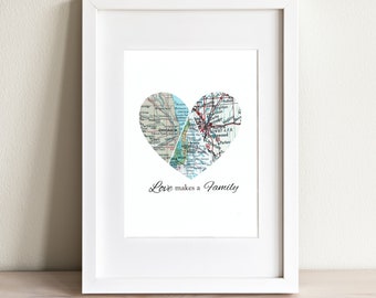 Custom Map Heart Art Print, Choose Any Three Cities, Family Home Decor Gift