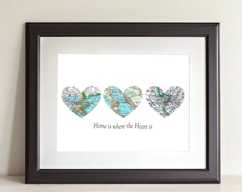 Home Is Where The Heart Is Three Heart Map Art Print.  Print Only. NO Frame. You Select Cities Worldwide And Personalized Text. Home Decor