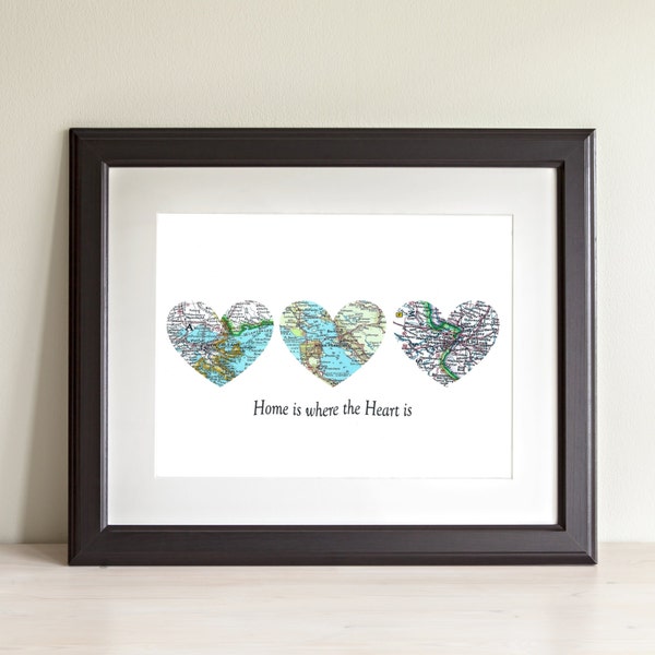 Home Is Where The Heart Is Three Heart Map Art Print.  Print Only. NO Frame. You Select Cities Worldwide And Personalized Text. Home Decor