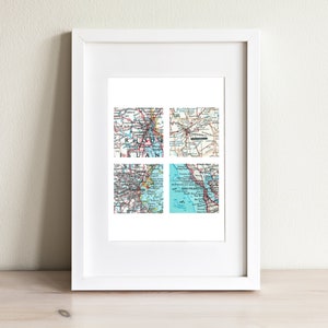 Impresión artística de mapa de cuatro cuadrados. Solo impresión. Sin marco. Elige ciudades del mundo. Impresión de mapa de cuatro cuadrados. Regalo de inauguración. Decoración del hogar. Decoración de pared.