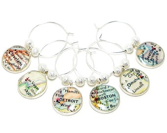 CUSTOM Vintage Map Wine Glass Charms. Set of Six. You Select Locations Worldwide. Personalised Wine Charms. Travellers Gift Gifts for Travel