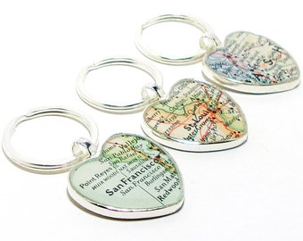 Custom Vintage Map Keychain. You Select Any City, State, or Country Worldwide. One Keyring. Key Chain. Car Key Ring. Couples Keychain.