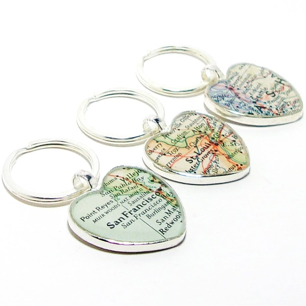 Personalized Heart Vintage Map Keychain. You Pick Any City, State, or Country Worldwide. One Keyring. Personalised Key Ring. Gifts For Her