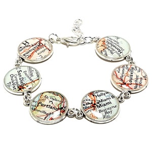 Personalized Vintage Map Charm Bracelet. Pick Cities, States, or Countries Worldwide. Geography Jewelry. Travel Wanderlust Gift For Women.