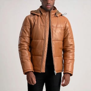 Jaqueta de couro com capuz Gordon Tan | Casaco masculino quente de inverno | Casaco de couro legítimo | Jaqueta estilo street style