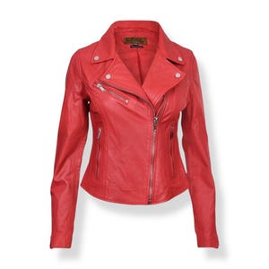Handmade Red Leather Biker Jacket: Women&#39;s Moto Style