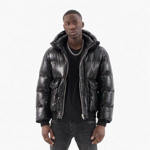Men&#39;s Black Lambskin Leather Puffer Jacket: Hooded Biker Moto Coat