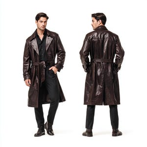 Men&#39;s Genuine Leather Long Trench Coat - Brown Vintage Overcoat