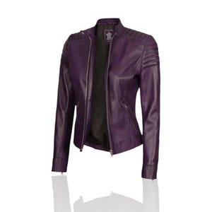 Handmade Purple Sheepskin Leather Biker Jacket: Women&#39;s Moto Style