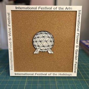 May include: A corkboard with a white frame featuring text for various festivals. A black and white geometric sphere is centered on the board. The frame includes text for the International Food & Wine Festival, the International Festival of the Arts, the International Flower & Garden Festival, and the International Festival of the Holidays.
