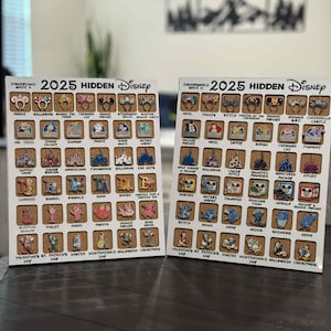May include: Two corkboard displays featuring Disney-themed pins. Each board has a grid of pins with character designs and the text "2025 Hidden Disney." The boards include pins with characters like Mickey Mouse, Ariel, and Cheshire Cat.