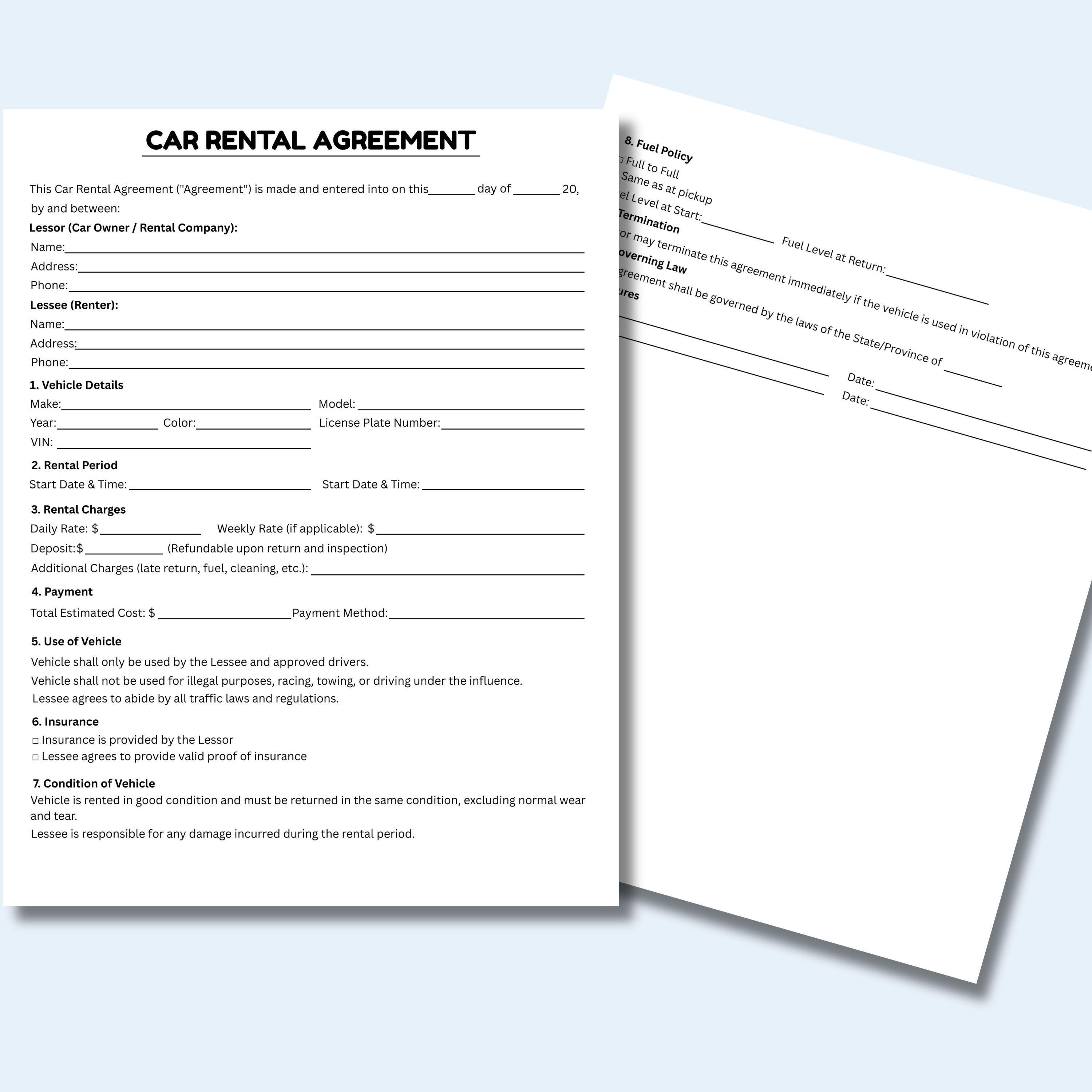 Car Rental Agreement Template, Vehicle Rental Contract, Car Lease ...