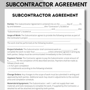 Subcontract Template, Subcontractor forms, subcontracting contr, general contractor, construction agree, construction form,Job Subcontractor