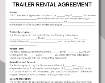 Trailer rental form, Trailer agreement, Rental contract, Rent agreement, RV trailer rental, Camper rv rental, Motorhome lease form Motorhome