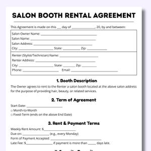 Salon Booth Rental, Salon Station, Salon Chair Rental, Salon Agreement, Booth Agreement, Salon Booth Contract, Beauty Salon, Spa Rental