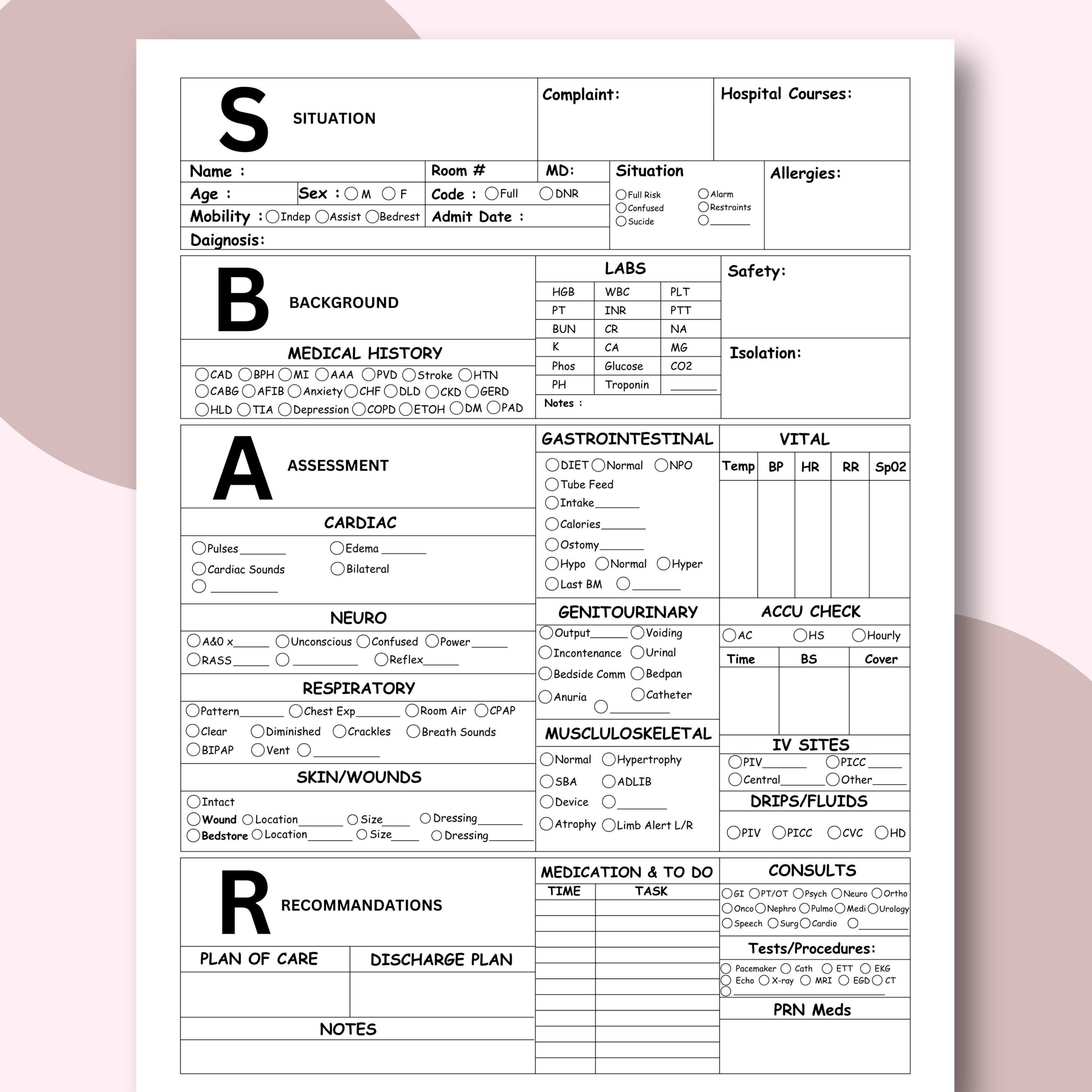 SBAR Nurse Report Sheet for Nursing Students | Med Surg Brain Sheet ...