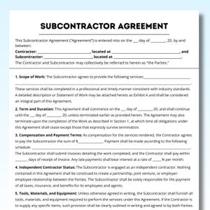Subcontract Template, Subcontractor forms, subcontracting contr, general contractor, construction agree, construction form,