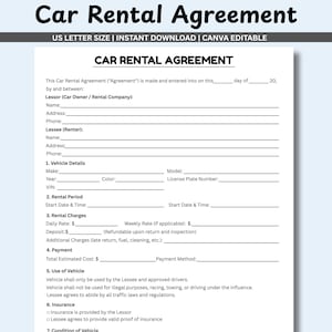 Car Rental Agreement Template, Vehicle Rental Contract, Car Lease Agreement, Car Renting Contract, Editable Car Rental Form, Canva Editable