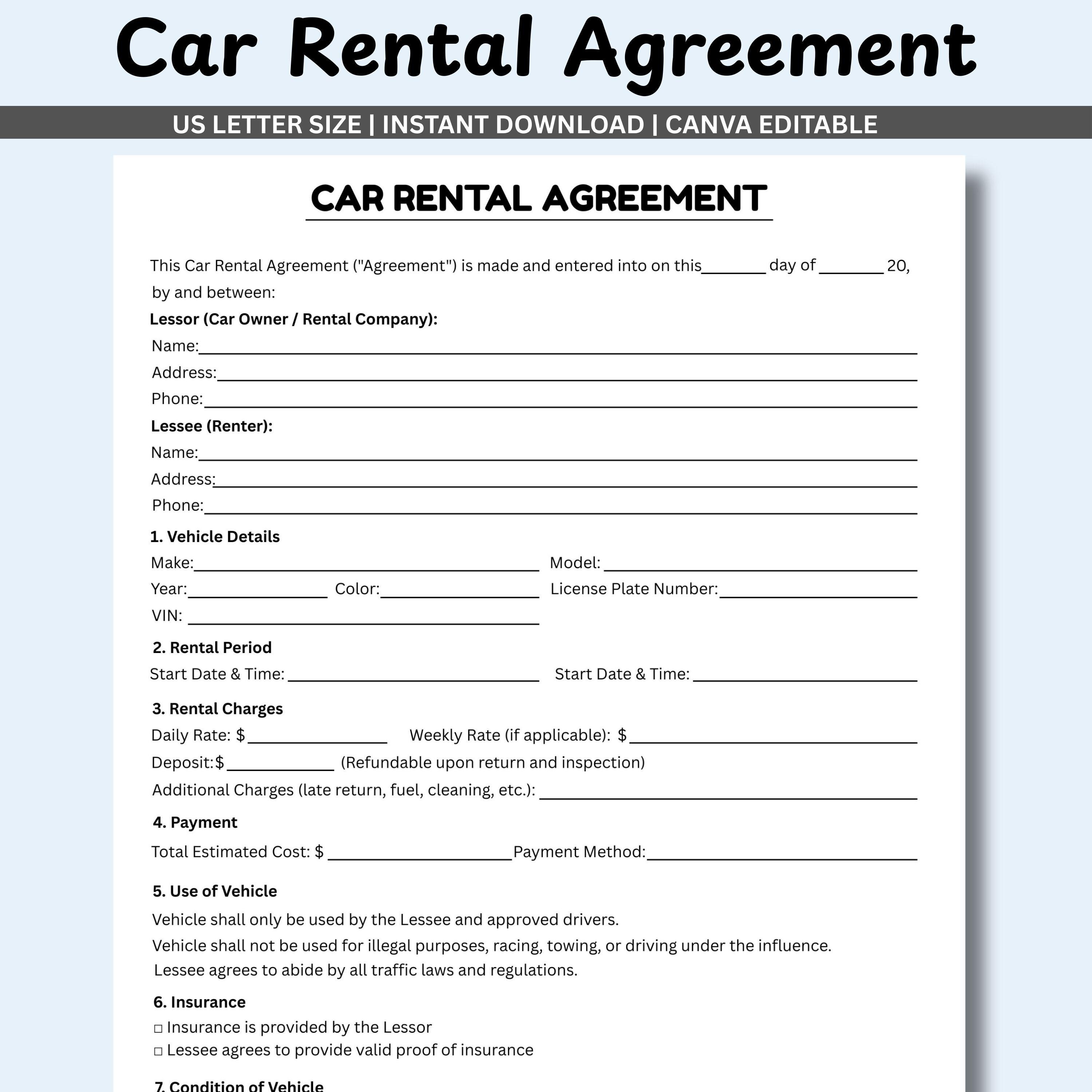 Car Rental Agreement Template, Vehicle Rental Contract, Car Lease ...