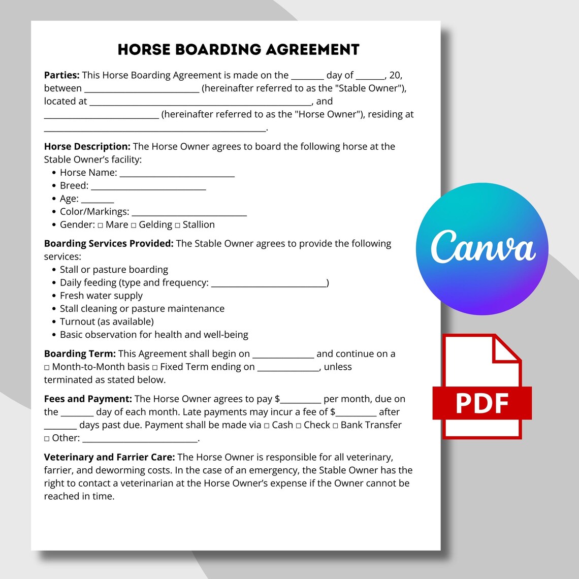 Horse Boarding, Boarding Contract, Horse Waiver, Agreement Form