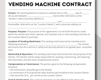 Vending contract, Vending machine, Vending business, Machine supply form, Vending machine form, Machine agreement, Contract template