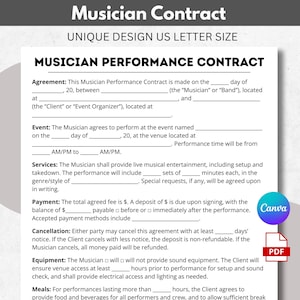 Musician Contract, Performance, Band Contract, Musician Agreement, Fillable Musician, Live Performance, Gig Agreement, Music Contract