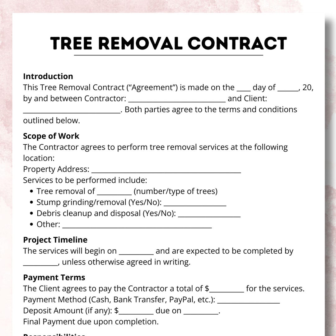 Tree Removal Contract, Editable Tree Removal Service Form Template ...