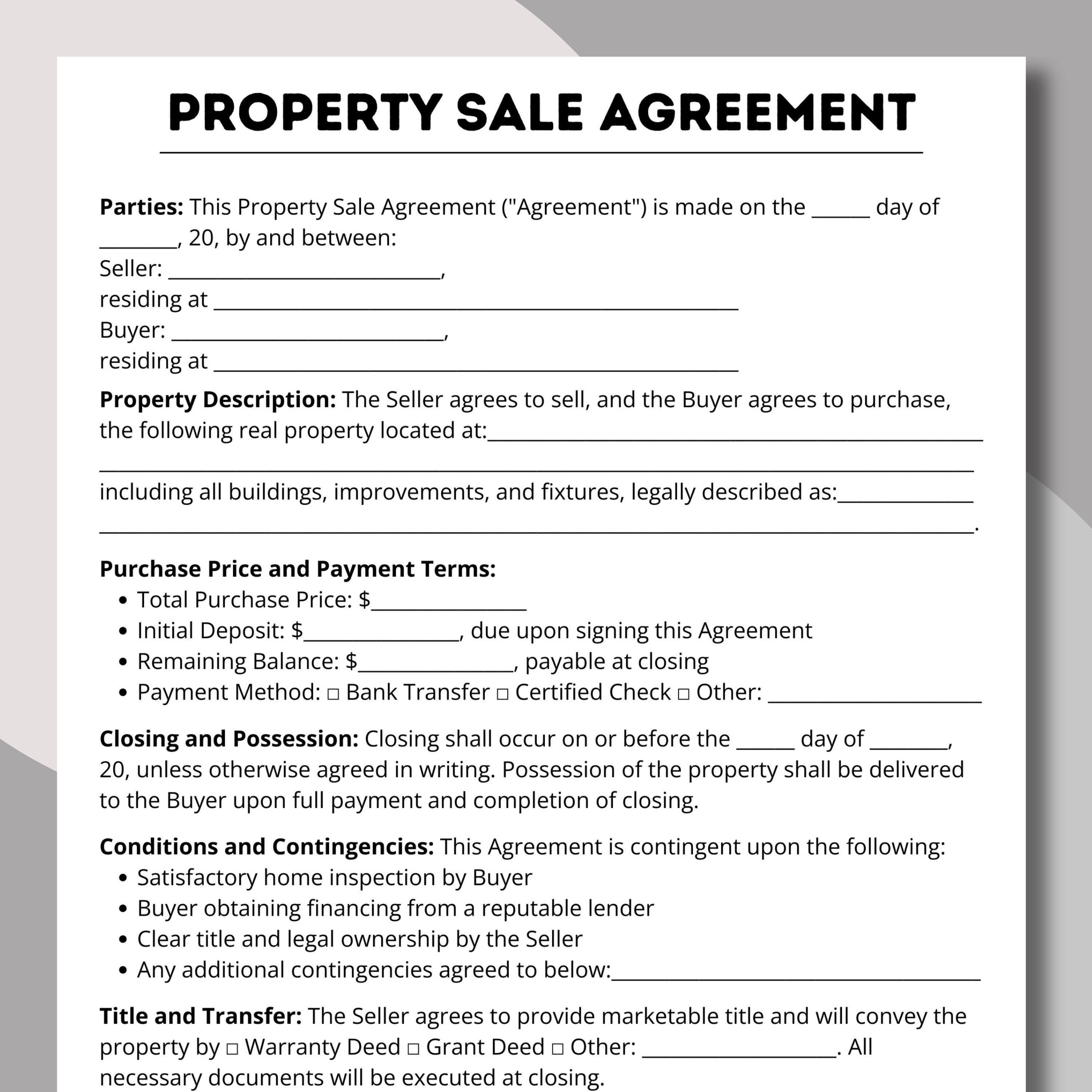 Verkoop onroerend goed, koopovereenkomst, zakelijk contract, aan- en verkoop, verkoopcontract, factuur, verkoopovereenkomst, contractsjabloon