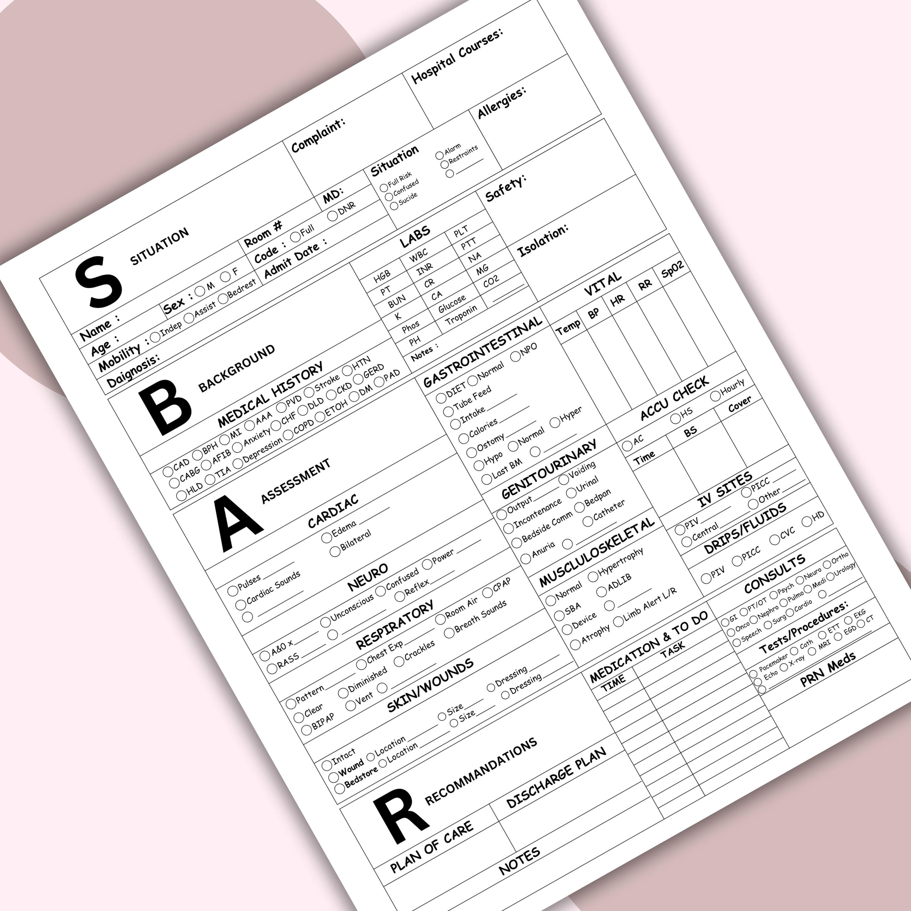 SBAR Nurse Report Sheet for Nursing Students | Med Surg Brain Sheet ...