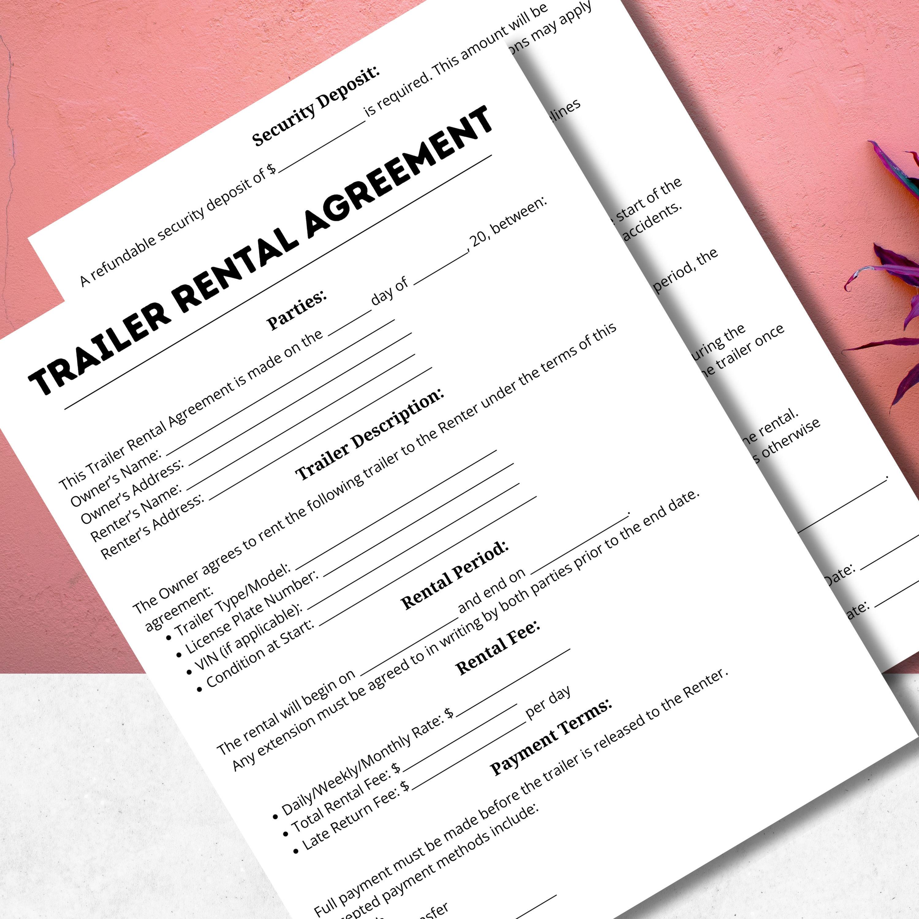 Personal Rv Rental Form Trailer Rental Form, Trailer Agreement, Rental Contract, Rent Agreement ...