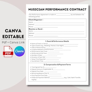 Musician Contract, Performance, Band Contract, Musician Agreement, Fillable Musician, Live Performance, Gig Agreement, Music Contract