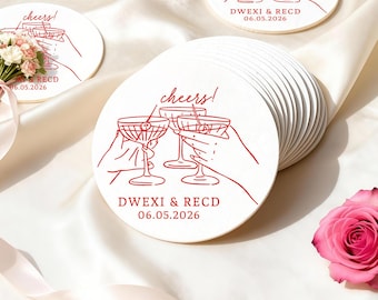 Aangepaste bruiloft onderzetters, aangepaste cheers papieren onderzetter, aangepaste onderzetter, vrijgezellenfeest, decor bulk bruiloft gunst, verloving, huwelijksgeschenken