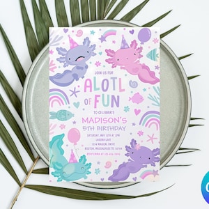 Convite de aniversário de axolote, modelo de convite para festa de menina EDITÁVEL, vida marinha mágica, festa submarina, peixe rosa, download instantâneo, cartão eletrônico