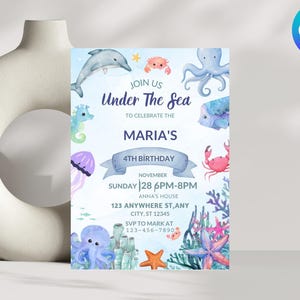 Under The Sea Birthday Invitation, Editable Whale Shark Party Invite, Nautical Any Age Kids Template, Sea Life Card, Instant Download