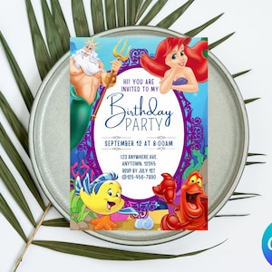Faire-part d'anniversaire modifiable de la petite sirène Ariel | Petite carte de fête d'invitation de sirène | Invitation princesse sirène, invitation princesse Ariel