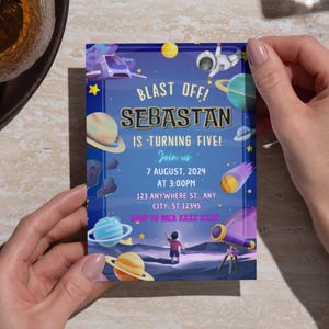 Convite para festa de aniversário espacial EDITÁVEL, modelo de convite para festa na galáxia, aniversário espacial, convite para astronauta do espaço sideral, download instantâneo